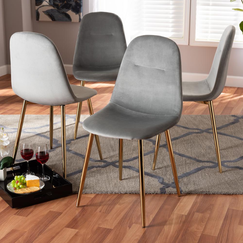 Baxton Studio Elyse Glam and Luxe Grey Velvet Fabric Upholstered Gold Finished 4-Piece Metal Dining Chair Set. Picture 6