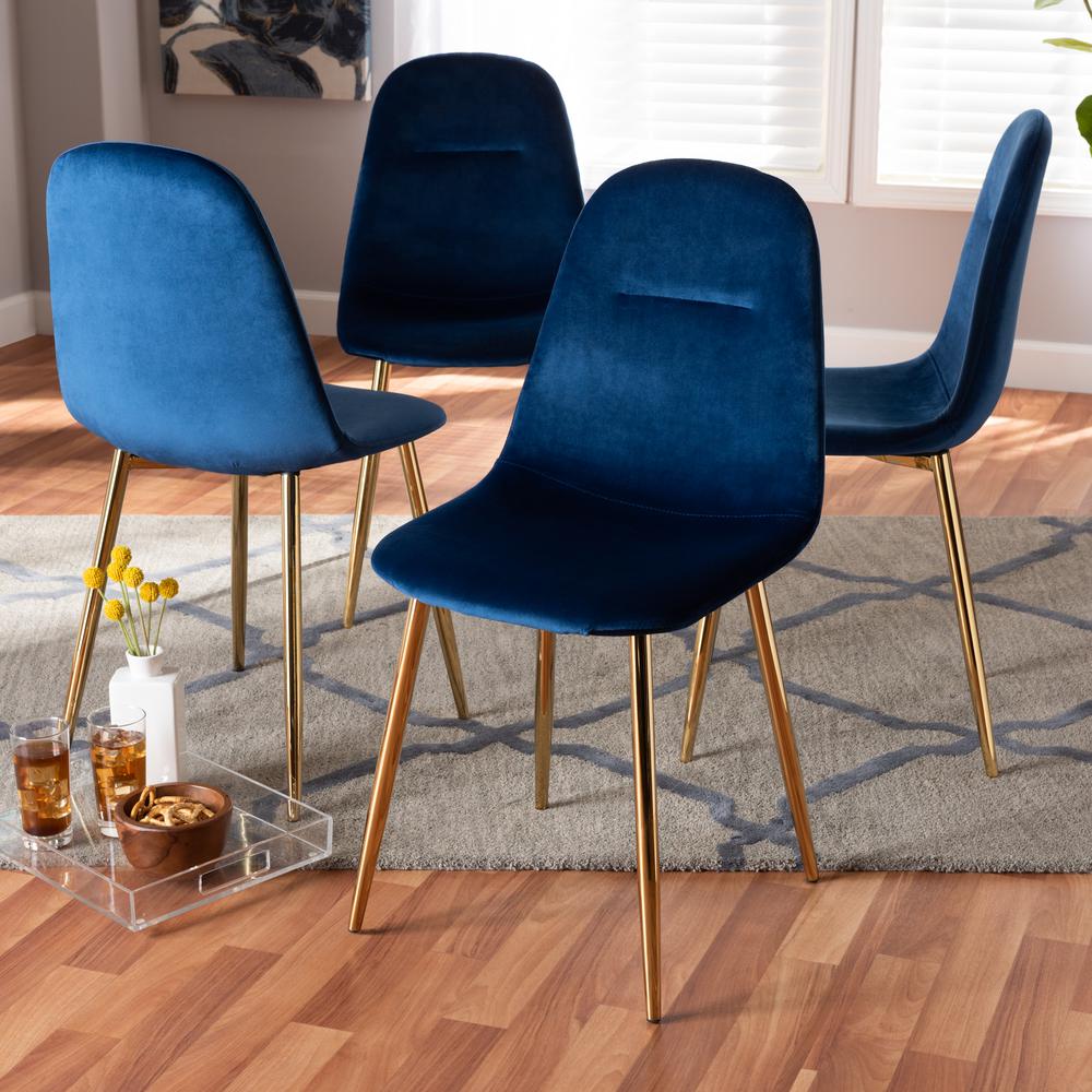 Baxton Studio Elyse Glam and Luxe Navy Blue Velvet Fabric Upholstered Gold Finished 4-Piece Metal Dining Chair Set. Picture 6