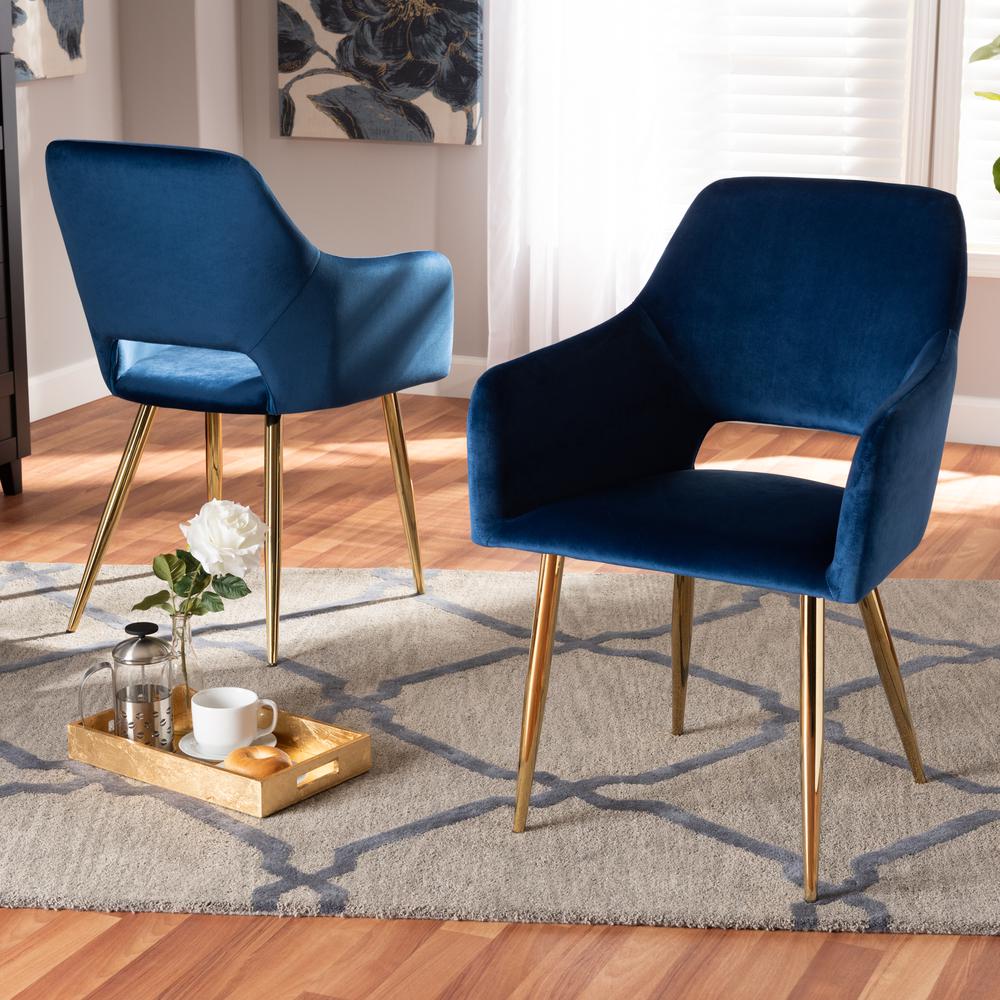 Baxton Studio Germaine Glam and Luxe Navy Blue Velvet Fabric Upholstered Gold Finished 2-Piece Metal Dining Chair Set. Picture 7