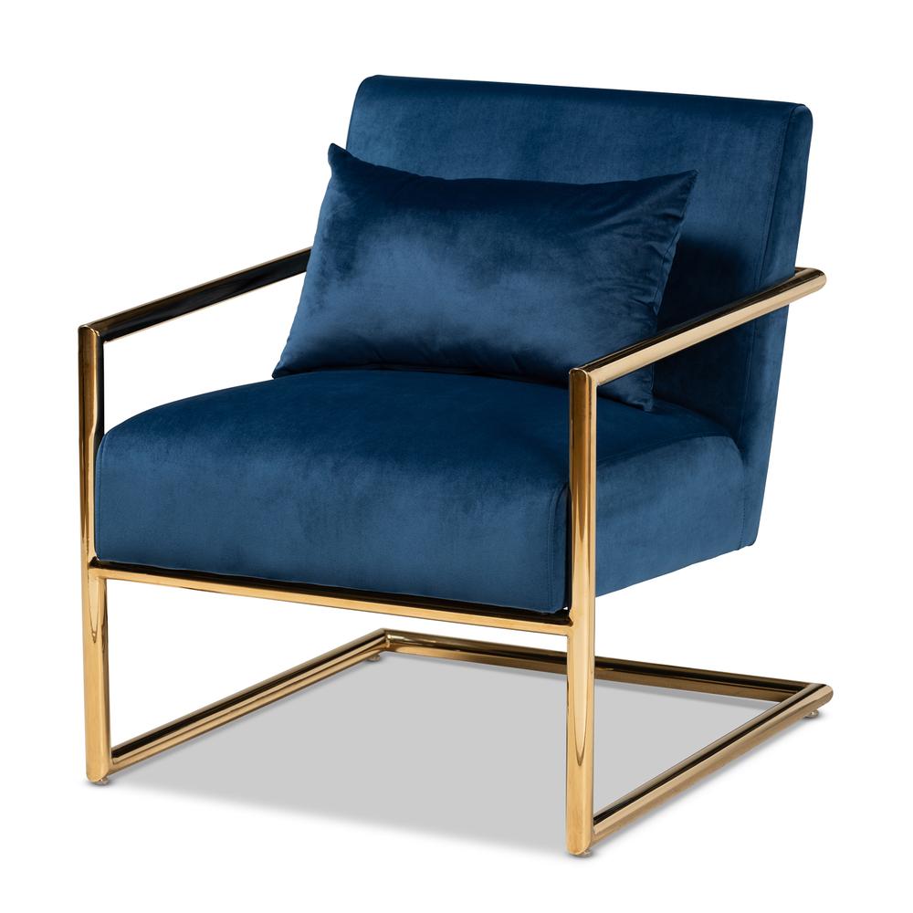 Luxe Navy Blue Velvet Fabric Upholstered Gold Finished Metal Lounge Chair. Picture 9