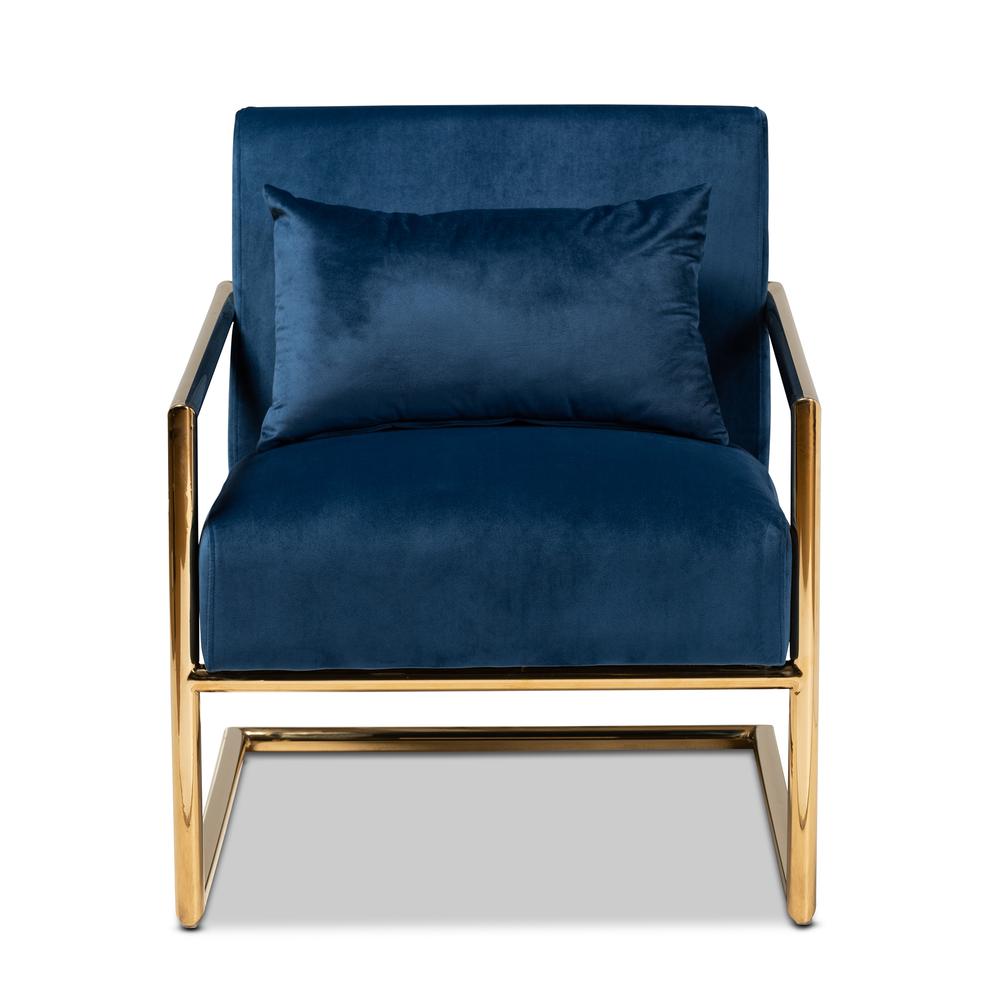 Luxe Navy Blue Velvet Fabric Upholstered Gold Finished Metal Lounge Chair. Picture 10
