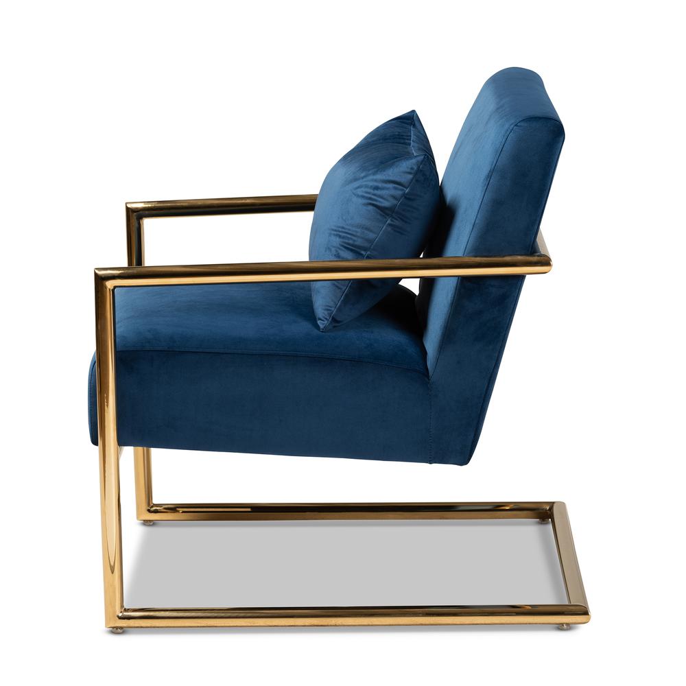 Luxe Navy Blue Velvet Fabric Upholstered Gold Finished Metal Lounge Chair. Picture 11