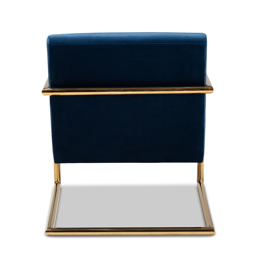 Luxe Navy Blue Velvet Fabric Upholstered Gold Finished Metal Lounge Chair. Picture 12