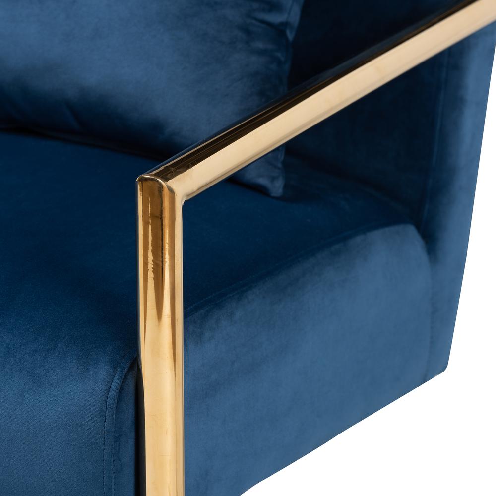 Luxe Navy Blue Velvet Fabric Upholstered Gold Finished Metal Lounge Chair. Picture 13