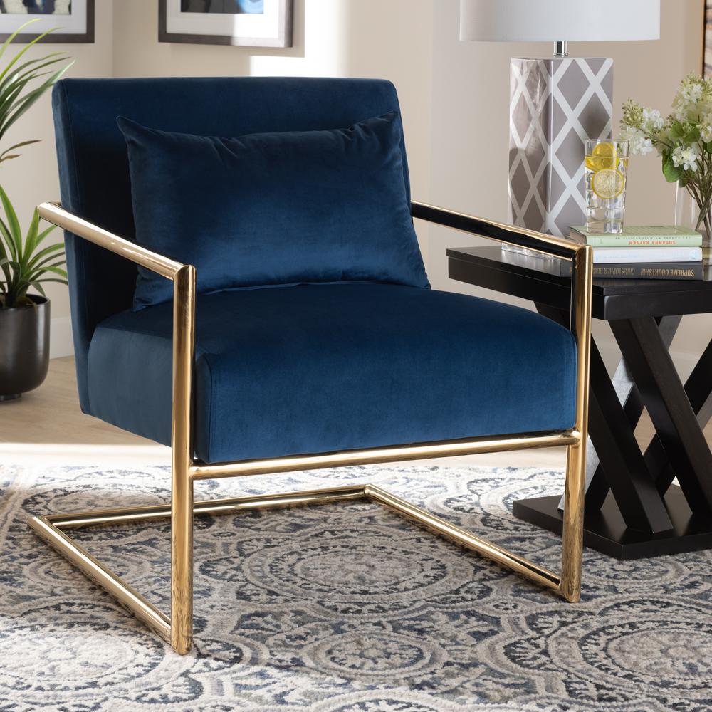 Luxe Navy Blue Velvet Fabric Upholstered Gold Finished Metal Lounge Chair. Picture 14