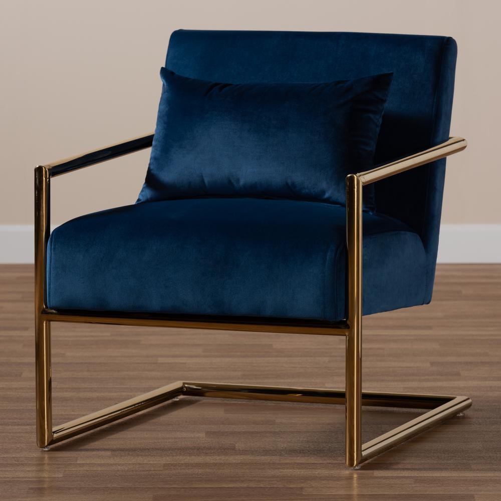 Luxe Navy Blue Velvet Fabric Upholstered Gold Finished Metal Lounge Chair. Picture 15