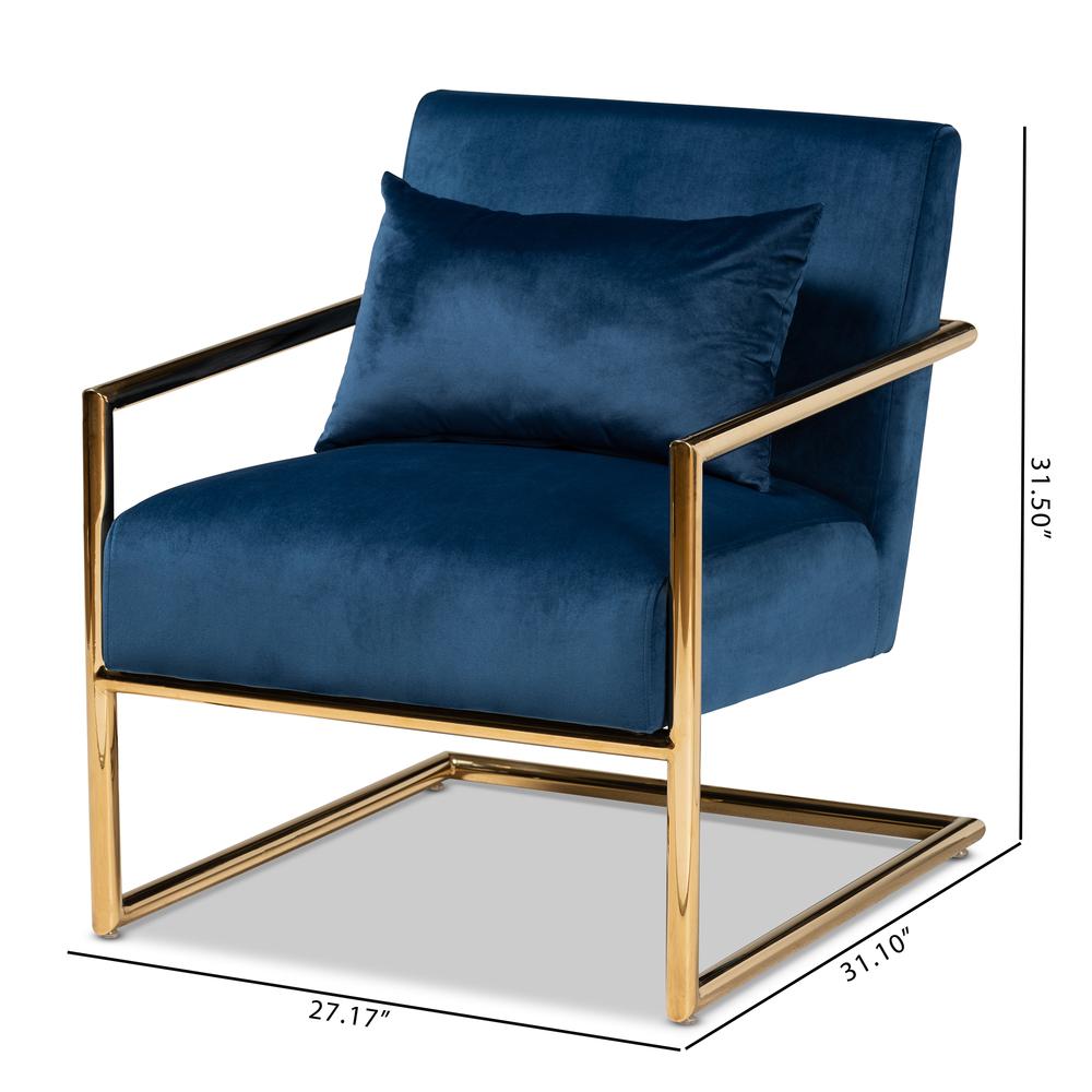 Luxe Navy Blue Velvet Fabric Upholstered Gold Finished Metal Lounge Chair. Picture 16