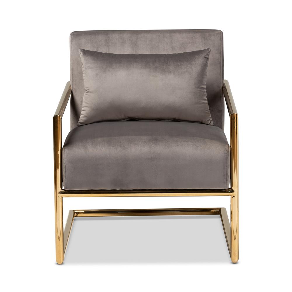Luxe Grey Velvet Fabric Upholstered Gold Finished Metal Lounge Chair. Picture 10