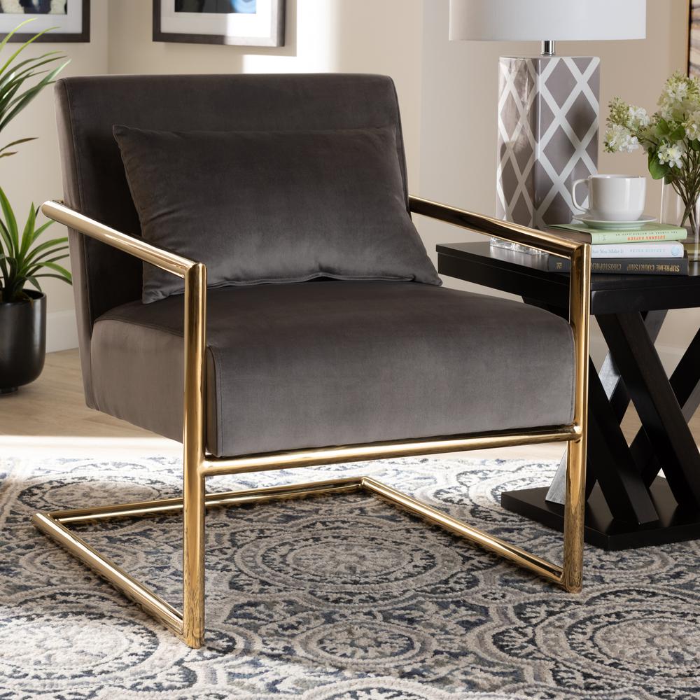 Baxton Studio Mira Glam and Luxe Grey Velvet Fabric Upholstered Gold Finished Metal Lounge Chair. Picture 7