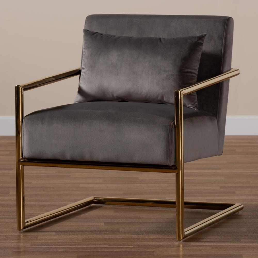 Baxton Studio Mira Glam and Luxe Grey Velvet Fabric Upholstered Gold Finished Metal Lounge Chair. Picture 16
