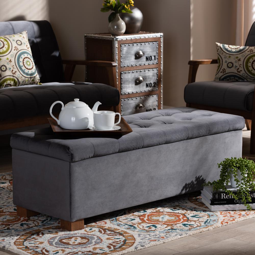 Baxton Studio Roanoke Modern and Contemporary Grey Velvet Fabric Upholstered Grid-Tufted Storage Ottoman Bench. Picture 9