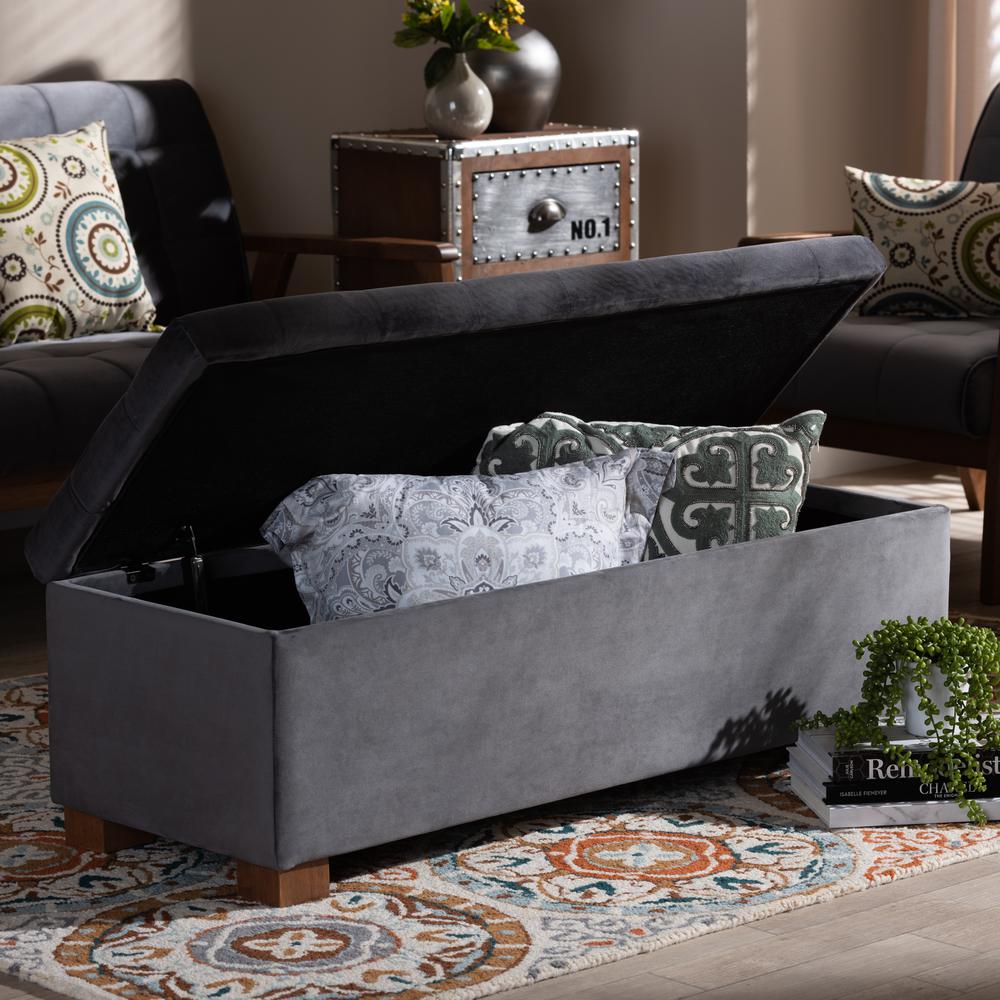 Grey Velvet Fabric Upholstered Grid-Tufted Storage Ottoman Bench. Picture 20