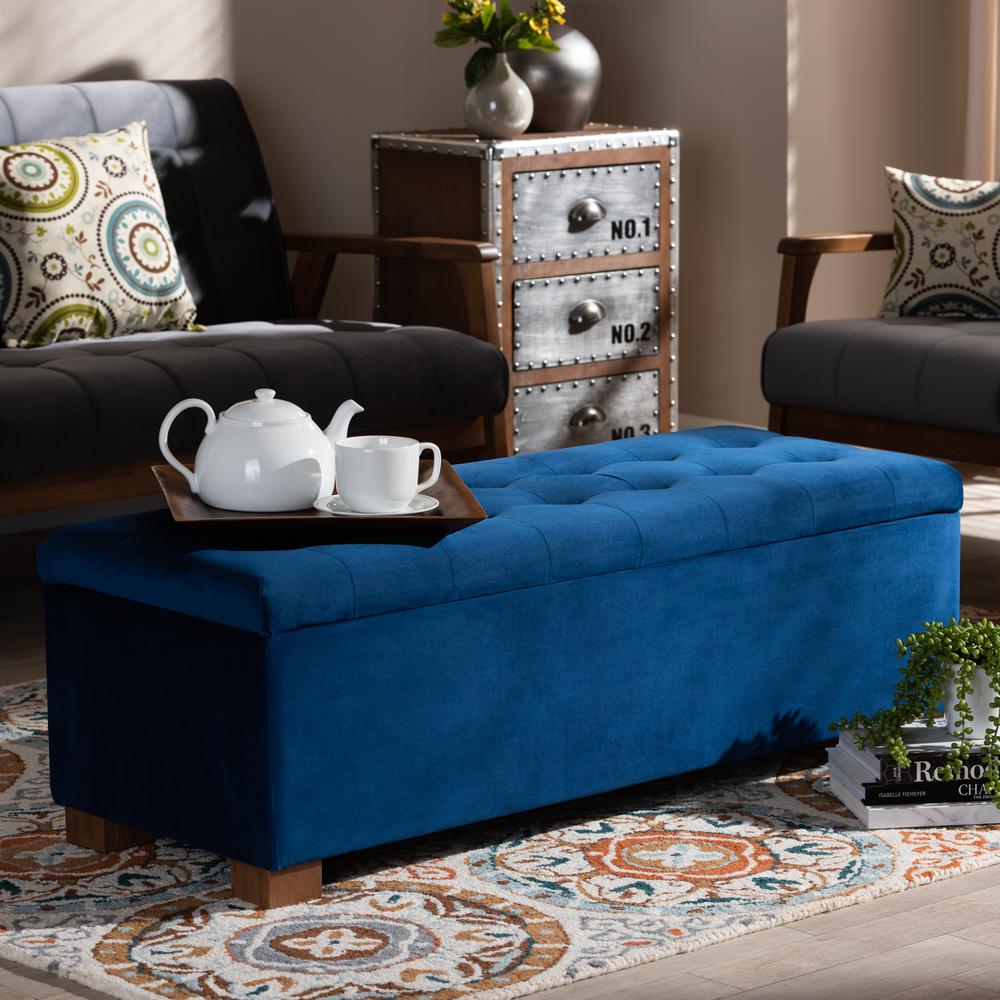 Baxton Studio Roanoke Modern and Contemporary Navy Blue Velvet Fabric Upholstered Grid-Tufted Storage Ottoman Bench. Picture 9