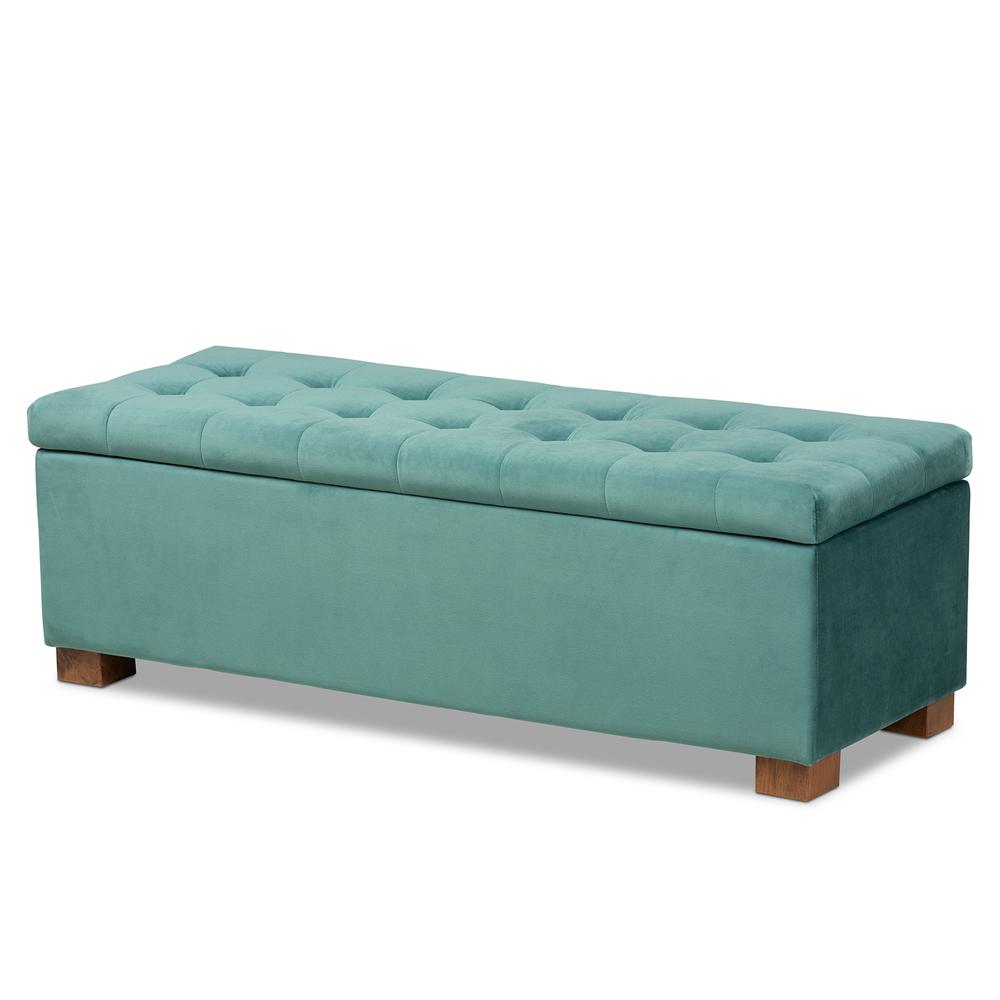 Teal Blue Velvet Fabric Upholstered Grid-Tufted Storage Ottoman Bench. Picture 12