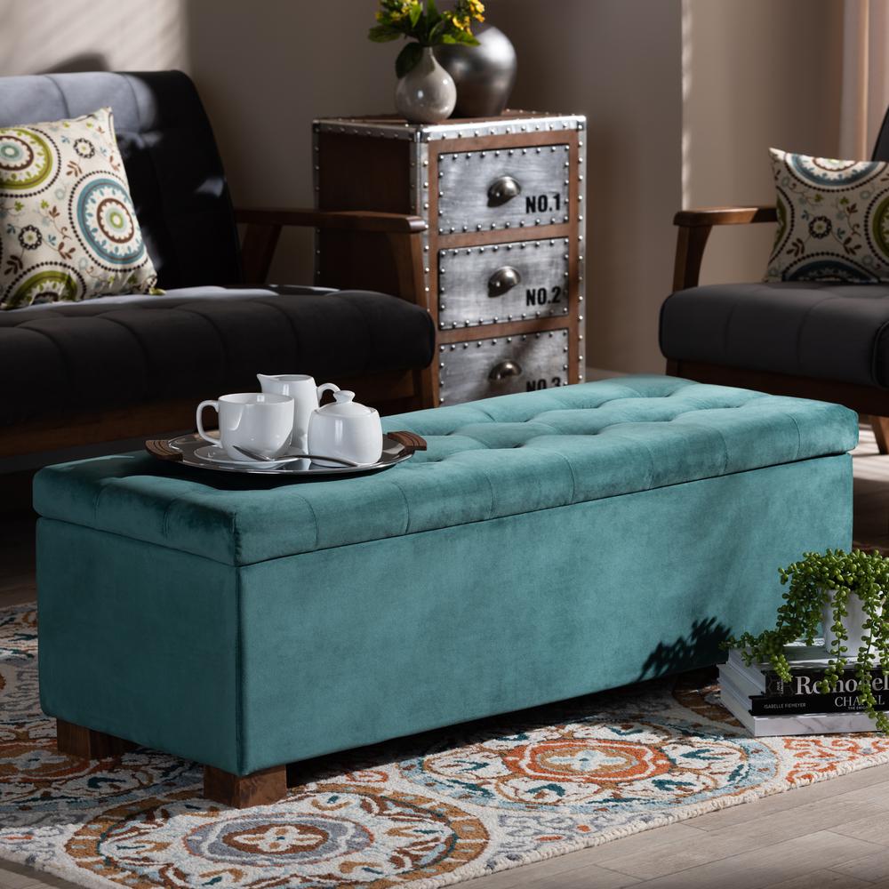 Baxton Studio Roanoke Modern and Contemporary Teal Blue Velvet Fabric Upholstered Grid-Tufted Storage Ottoman Bench. Picture 9