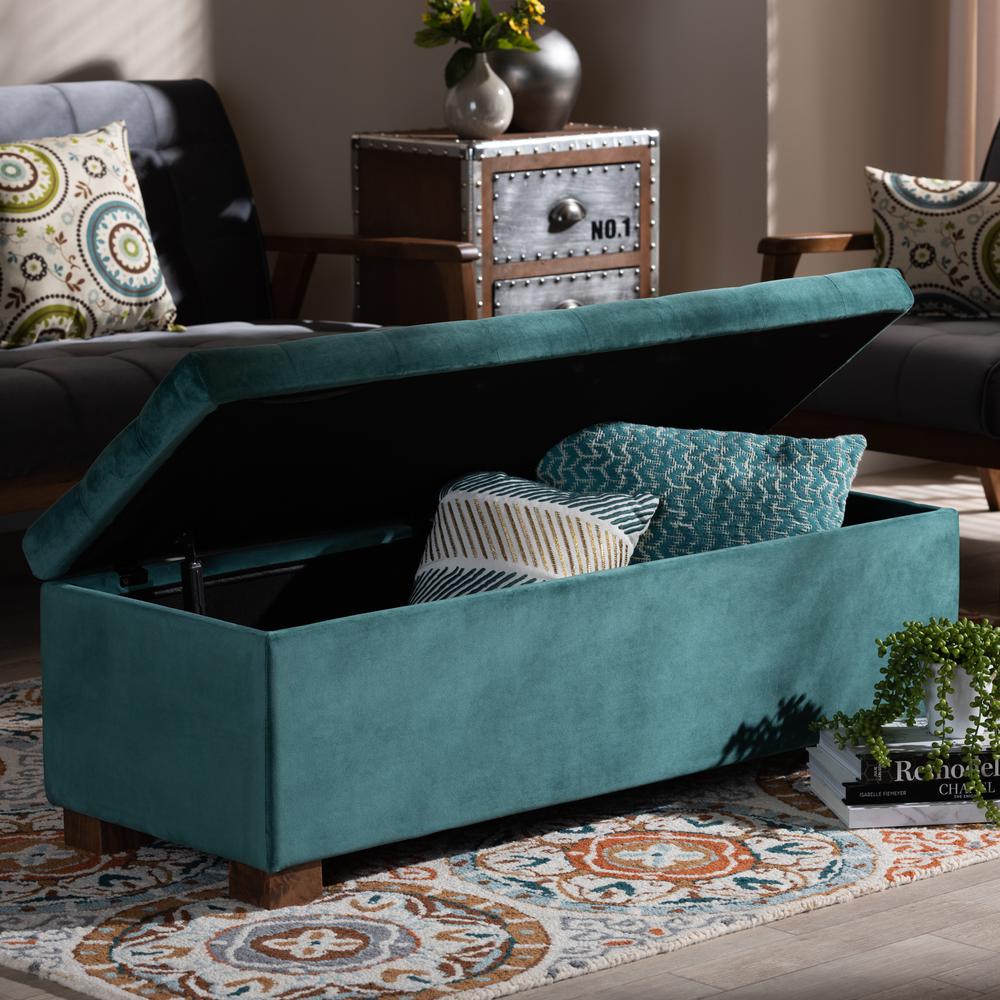 Baxton Studio Roanoke Modern and Contemporary Teal Blue Velvet Fabric Upholstered Grid-Tufted Storage Ottoman Bench. Picture 21