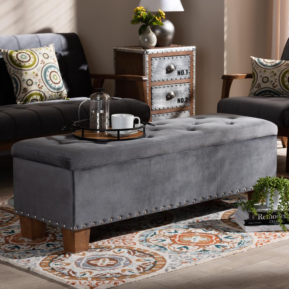Baxton Studio Hannah Modern and Contemporary Grey Velvet Fabric Upholstered Button-Tufted Storage Ottoman Bench. Picture 9