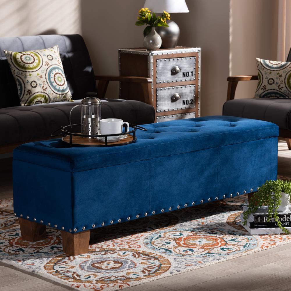 Baxton Studio Hannah Modern and Contemporary Navy Blue Velvet Fabric Upholstered Button-Tufted Storage Ottoman Bench. Picture 9
