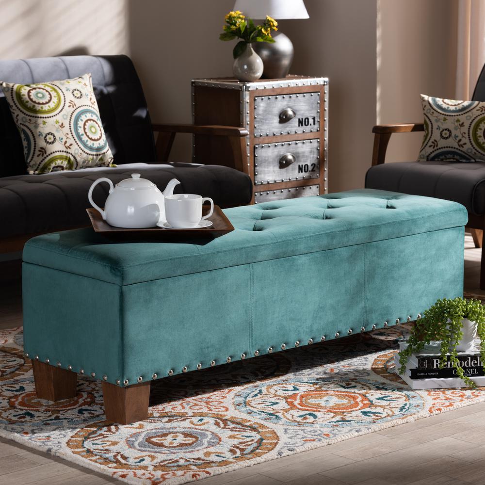 Baxton Studio Hannah Modern and Contemporary Teal Blue Velvet Fabric Upholstered Button-Tufted Storage Ottoman Bench. Picture 9