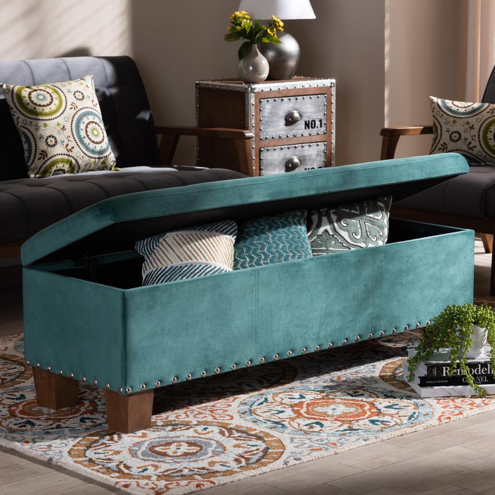Baxton Studio Hannah Modern and Contemporary Teal Blue Velvet Fabric Upholstered Button-Tufted Storage Ottoman Bench. Picture 21