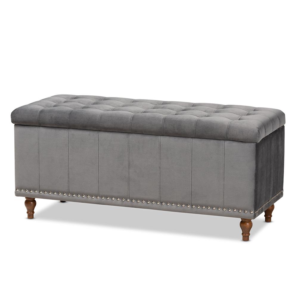 Grey Velvet Fabric Upholstered Button-Tufted Storage Ottoman Bench. Picture 12