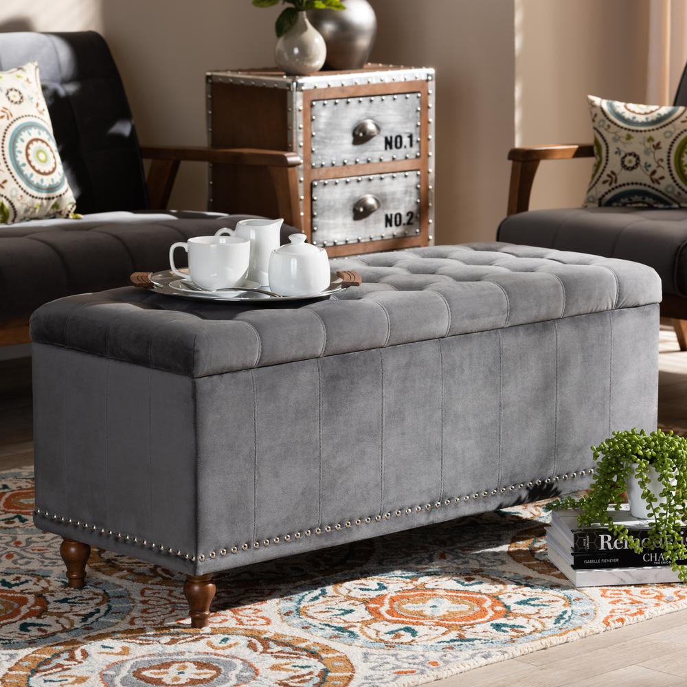 Baxton Studio Kaylee Modern and Contemporary Grey Velvet Fabric Upholstered Button-Tufted Storage Ottoman Bench. Picture 9