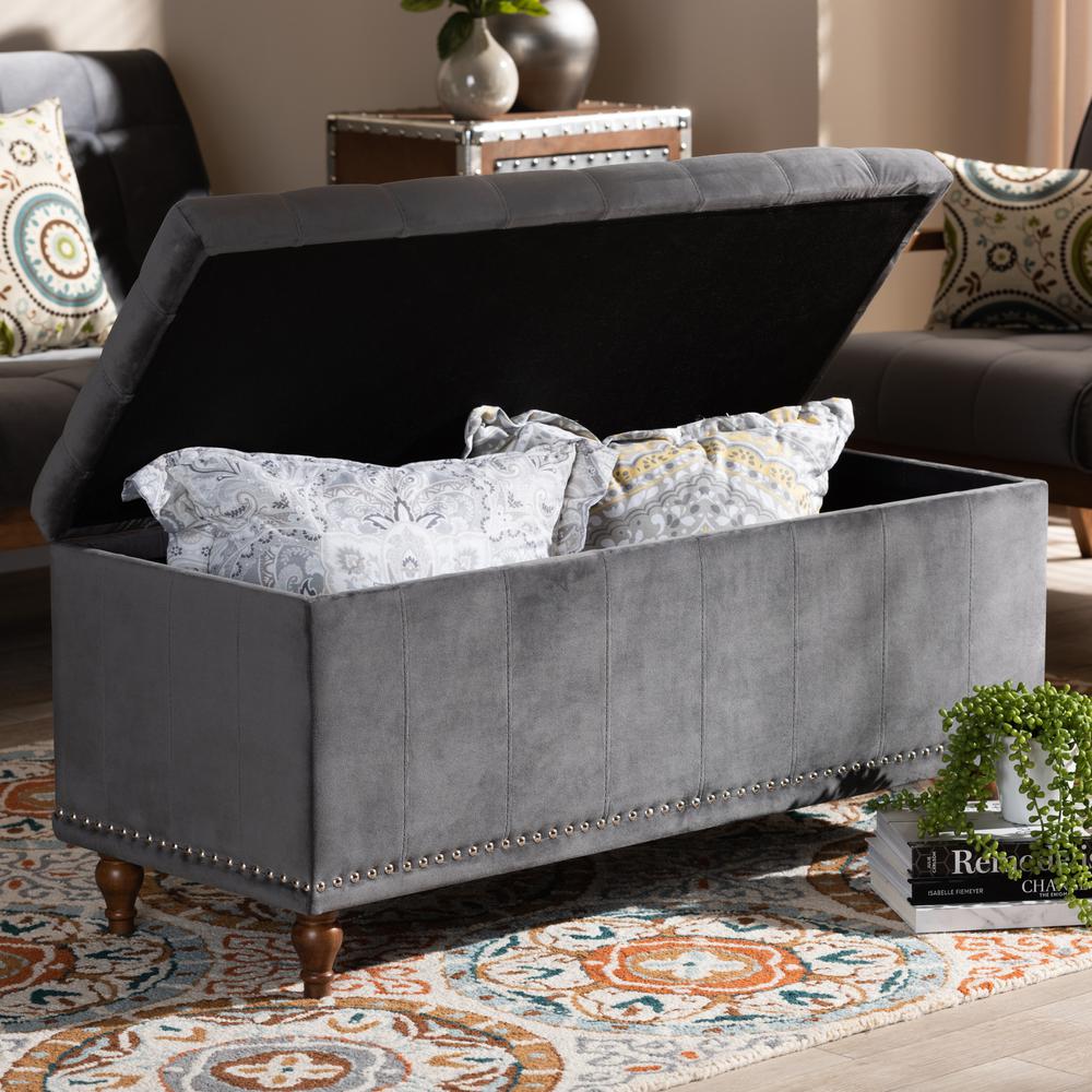 Baxton Studio Kaylee Modern and Contemporary Grey Velvet Fabric Upholstered Button-Tufted Storage Ottoman Bench. Picture 21