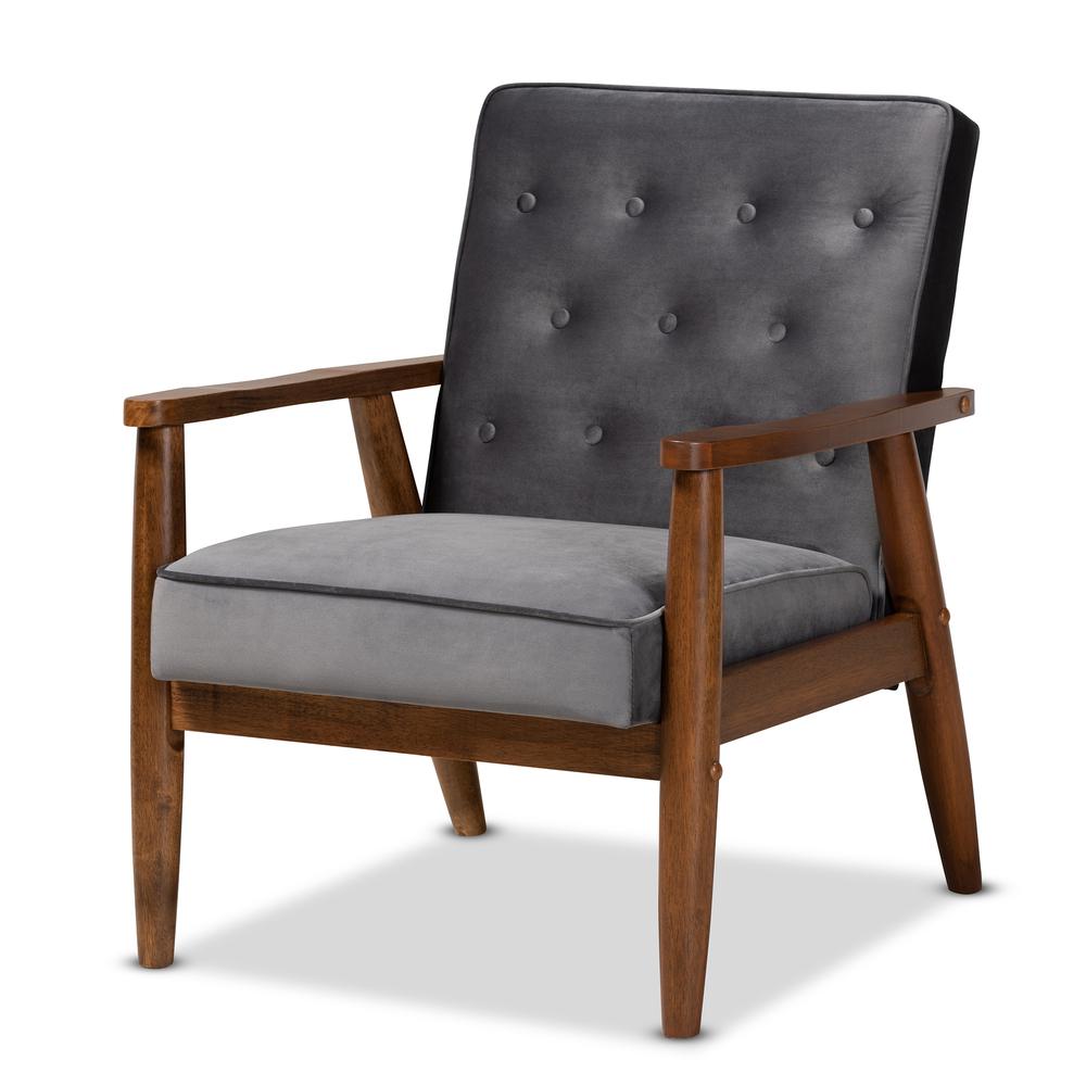 Baxton Studio Sorrento Mid-century Modern Grey Velvet Fabric Upholstered Walnut Finished Wooden Lounge Chair. Picture 11
