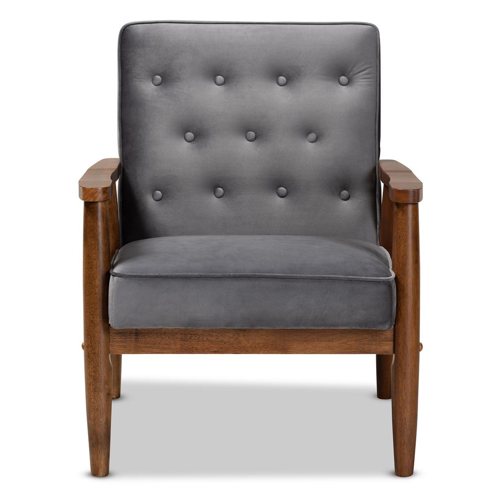 Baxton Studio Sorrento Mid-century Modern Grey Velvet Fabric Upholstered Walnut Finished Wooden Lounge Chair. Picture 12