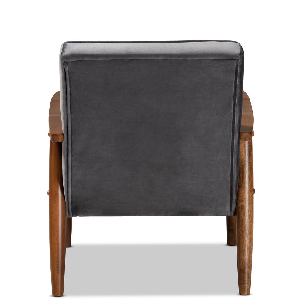Baxton Studio Sorrento Mid-century Modern Grey Velvet Fabric Upholstered Walnut Finished Wooden Lounge Chair. Picture 14