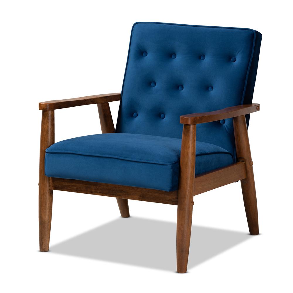 Baxton Studio Sorrento Mid-century Modern Navy Blue Velvet Fabric Upholstered Walnut Finished Wooden Lounge Chair. Picture 11
