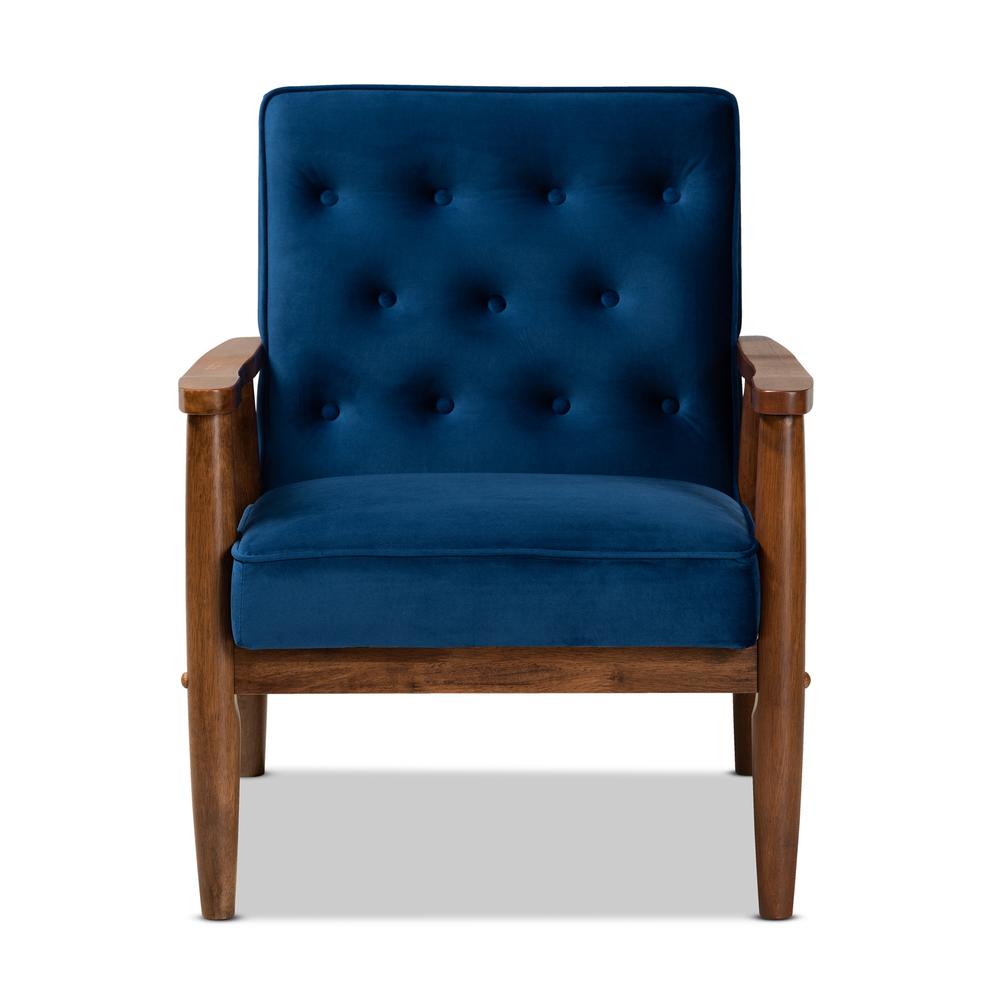 Baxton Studio Sorrento Mid-century Modern Navy Blue Velvet Fabric Upholstered Walnut Finished Wooden Lounge Chair. Picture 12