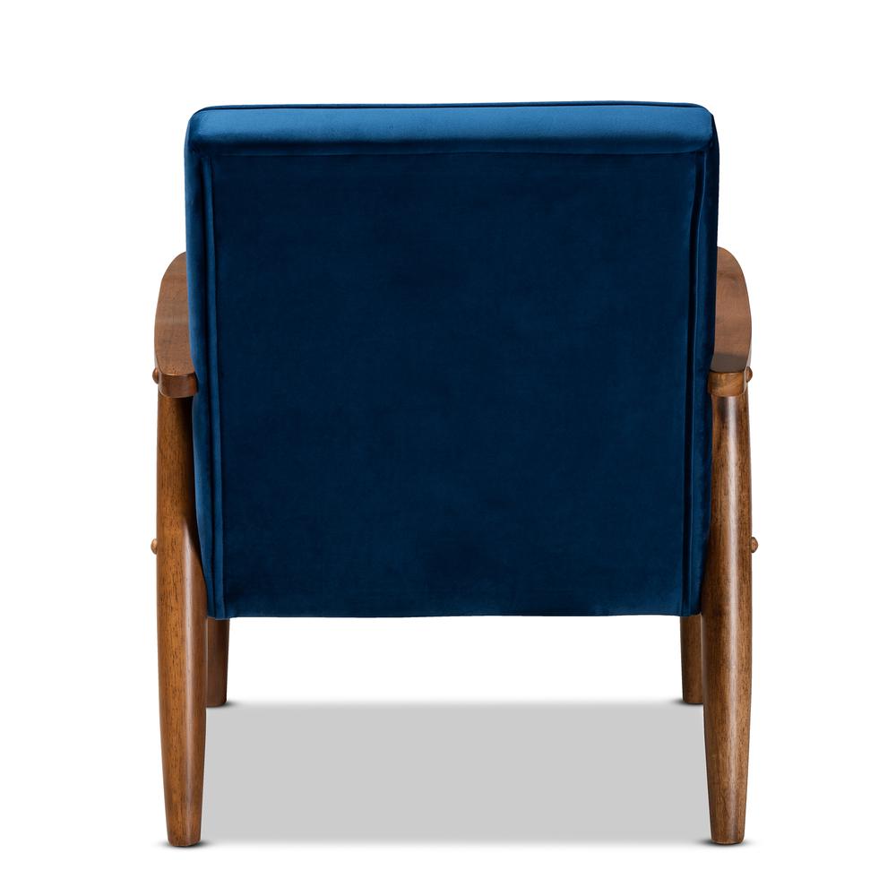 Navy Blue Velvet Fabric Upholstered Walnut Finished Wooden Lounge Chair. Picture 13