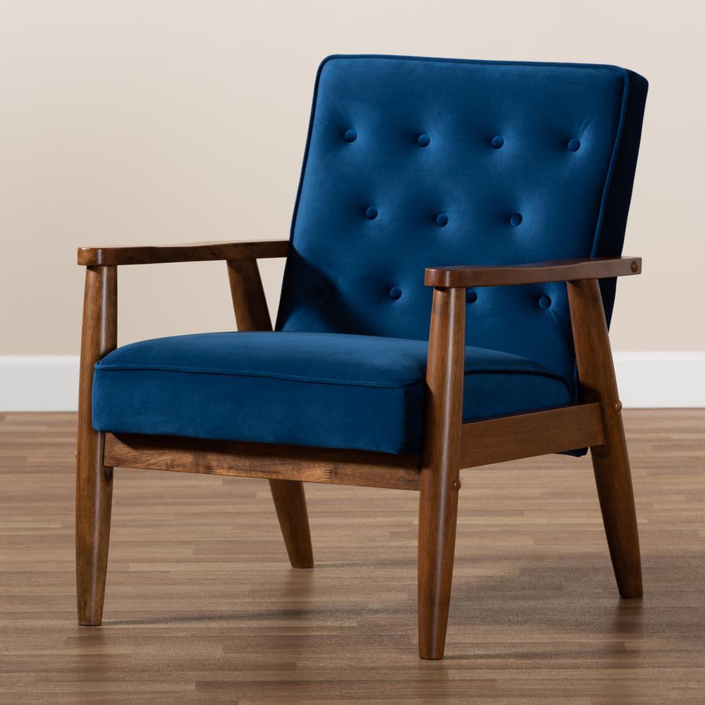 Baxton Studio Sorrento Mid-century Modern Navy Blue Velvet Fabric Upholstered Walnut Finished Wooden Lounge Chair. Picture 18