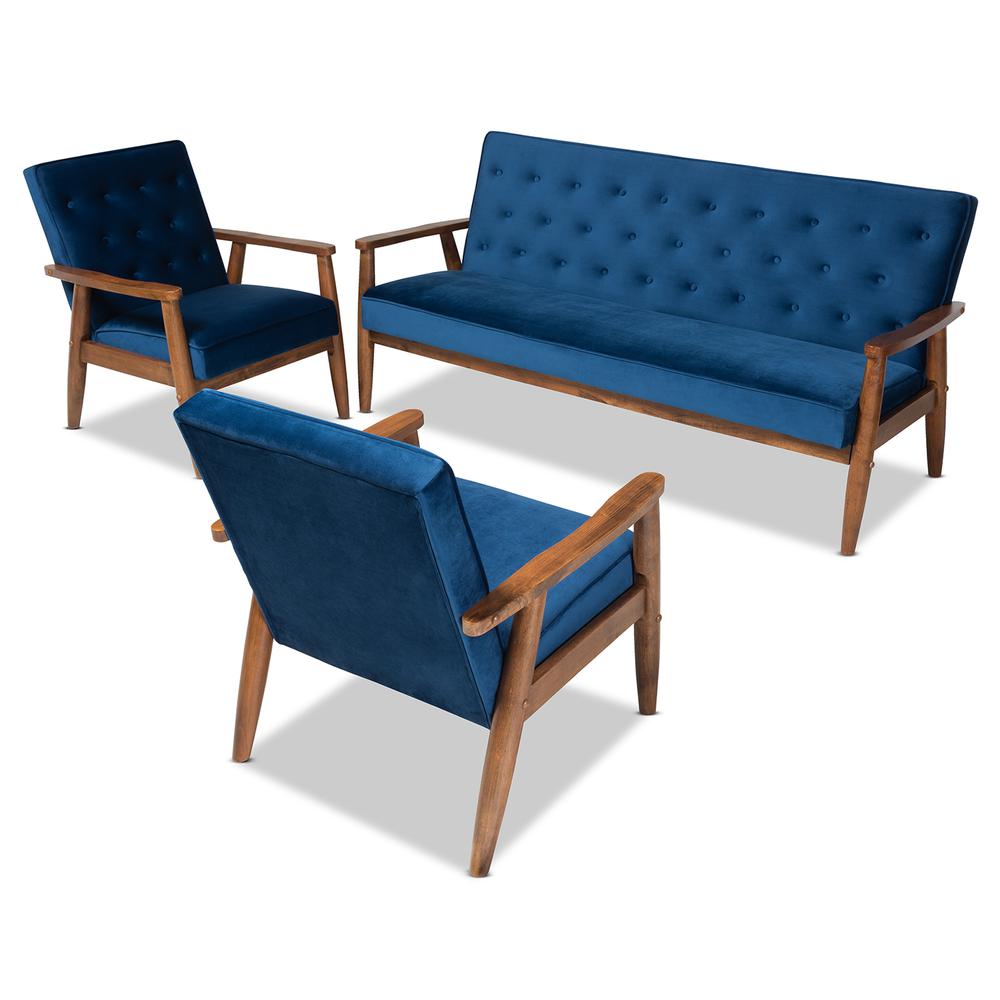 Baxton Studio Sorrento Mid-century Modern Navy Blue Velvet Fabric Upholstered Walnut Finished 3-Piece Wooden Living Room Set. Picture 10