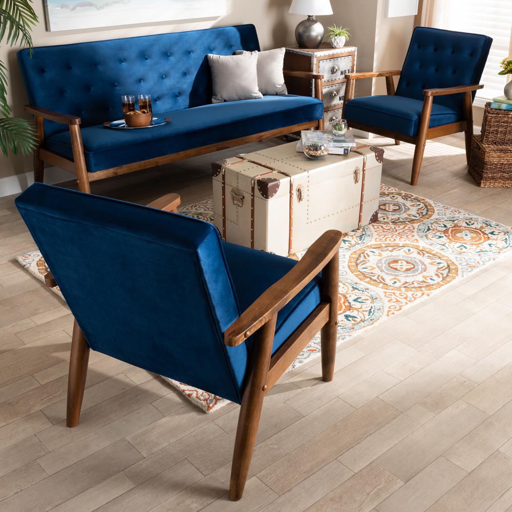 Baxton Studio Sorrento Mid-century Modern Navy Blue Velvet Fabric Upholstered Walnut Finished 3-Piece Wooden Living Room Set. Picture 7