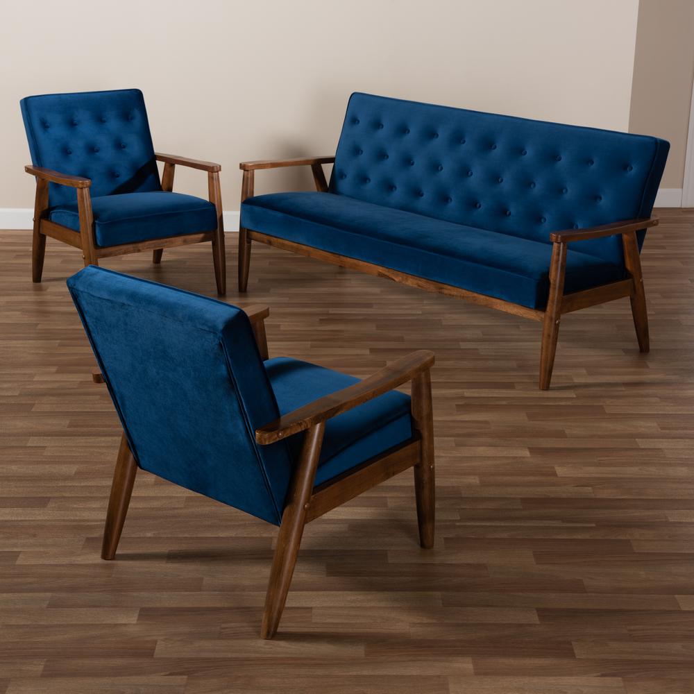 Baxton Studio Sorrento Mid-century Modern Navy Blue Velvet Fabric Upholstered Walnut Finished 3-Piece Wooden Living Room Set. Picture 16