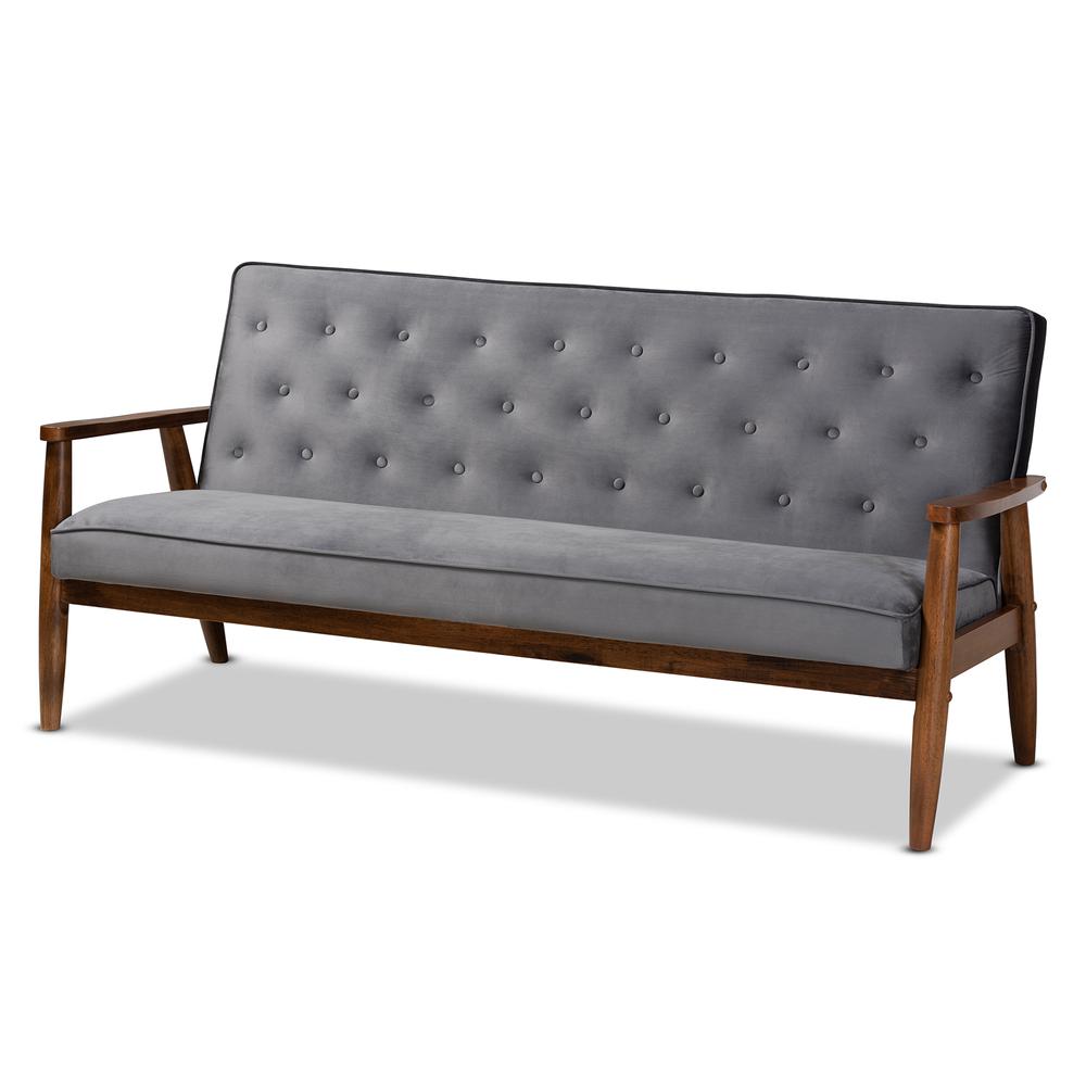 Baxton Studio Sorrento Mid-century Modern Grey Velvet Fabric Upholstered Walnut Finished Wooden 3-seater Sofa. Picture 11
