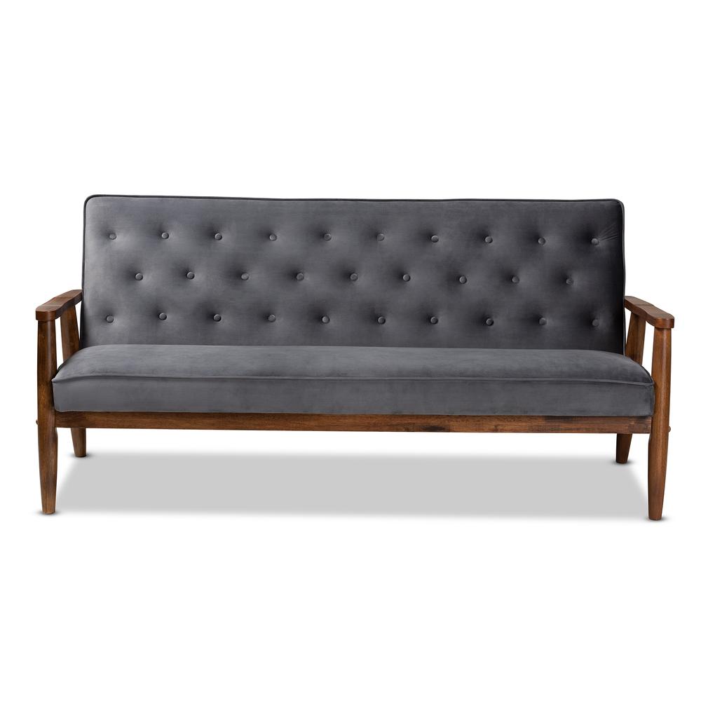Baxton Studio Sorrento Mid-century Modern Grey Velvet Fabric Upholstered Walnut Finished Wooden 3-seater Sofa. Picture 12