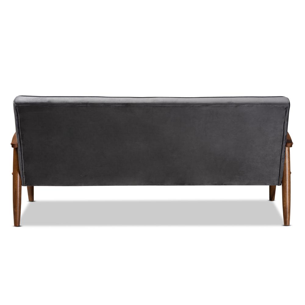 Baxton Studio Sorrento Mid-century Modern Grey Velvet Fabric Upholstered Walnut Finished Wooden 3-seater Sofa. Picture 14