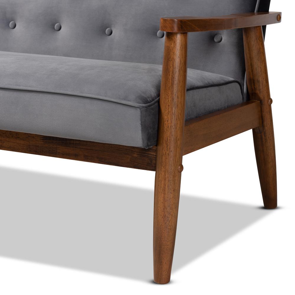 Baxton Studio Sorrento Mid-century Modern Grey Velvet Fabric Upholstered Walnut Finished Wooden 3-seater Sofa. Picture 16
