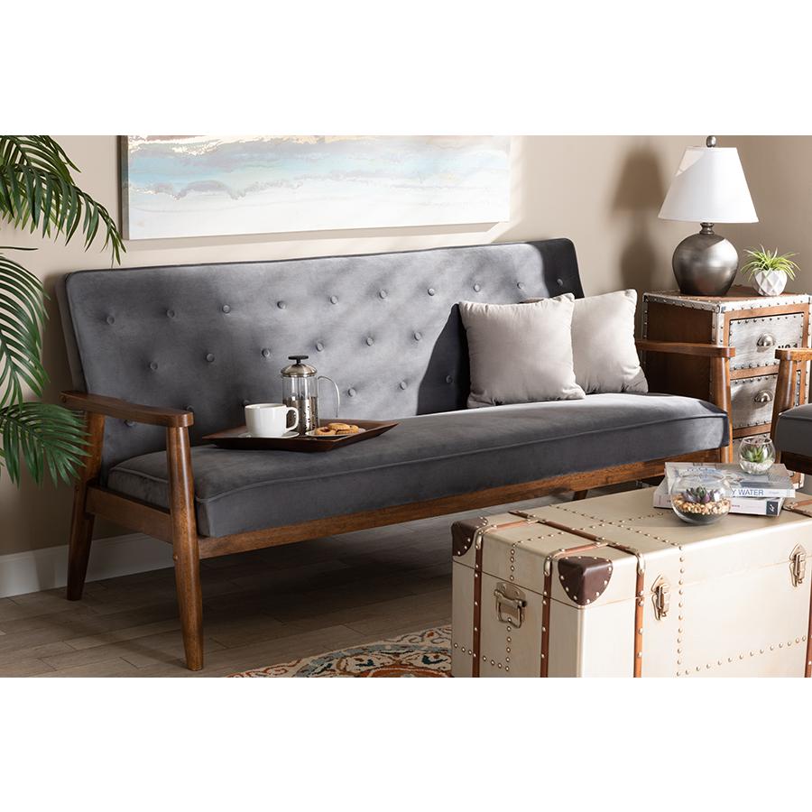 Baxton Studio Sorrento Mid-century Modern Grey Velvet Fabric Upholstered Walnut Finished Wooden 3-seater Sofa. Picture 8