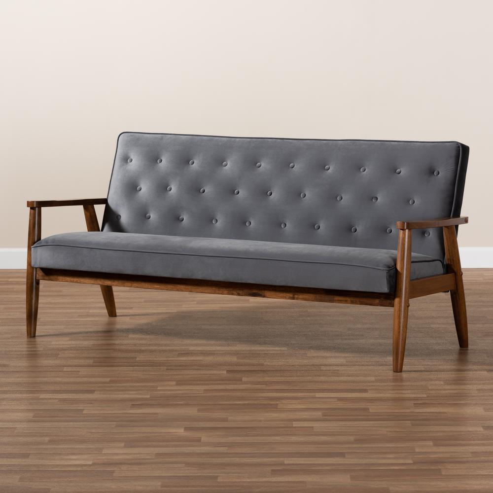 Baxton Studio Sorrento Mid-century Modern Grey Velvet Fabric Upholstered Walnut Finished Wooden 3-seater Sofa. Picture 18