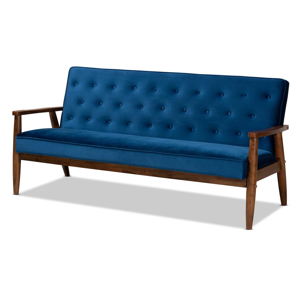 Baxton Studio Sorrento Mid-century Modern Navy Blue Velvet Fabric Upholstered Walnut Finished Wooden 3-seater Sofa. Picture 11
