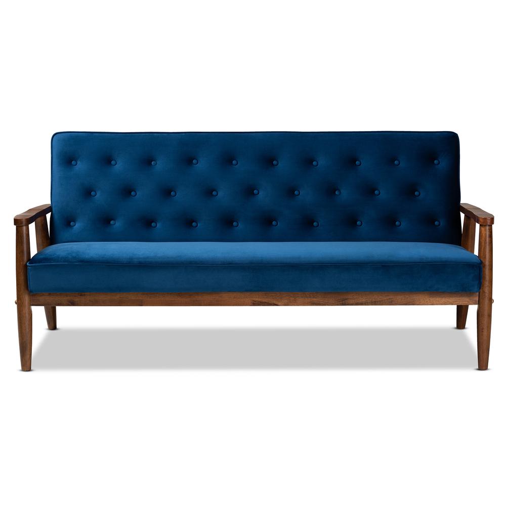 Baxton Studio Sorrento Mid-century Modern Navy Blue Velvet Fabric Upholstered Walnut Finished Wooden 3-seater Sofa. Picture 12