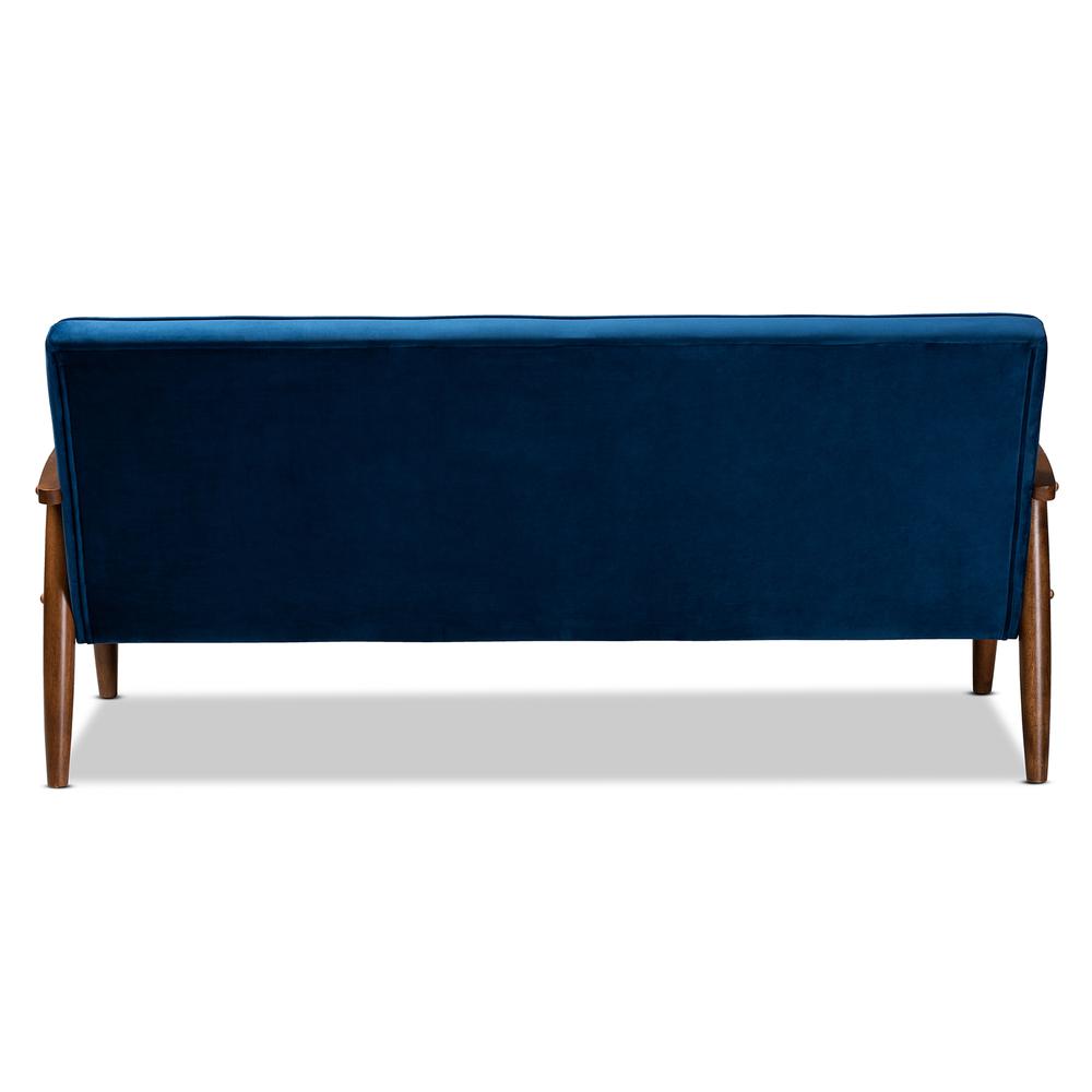 Baxton Studio Sorrento Mid-century Modern Navy Blue Velvet Fabric Upholstered Walnut Finished Wooden 3-seater Sofa. Picture 14
