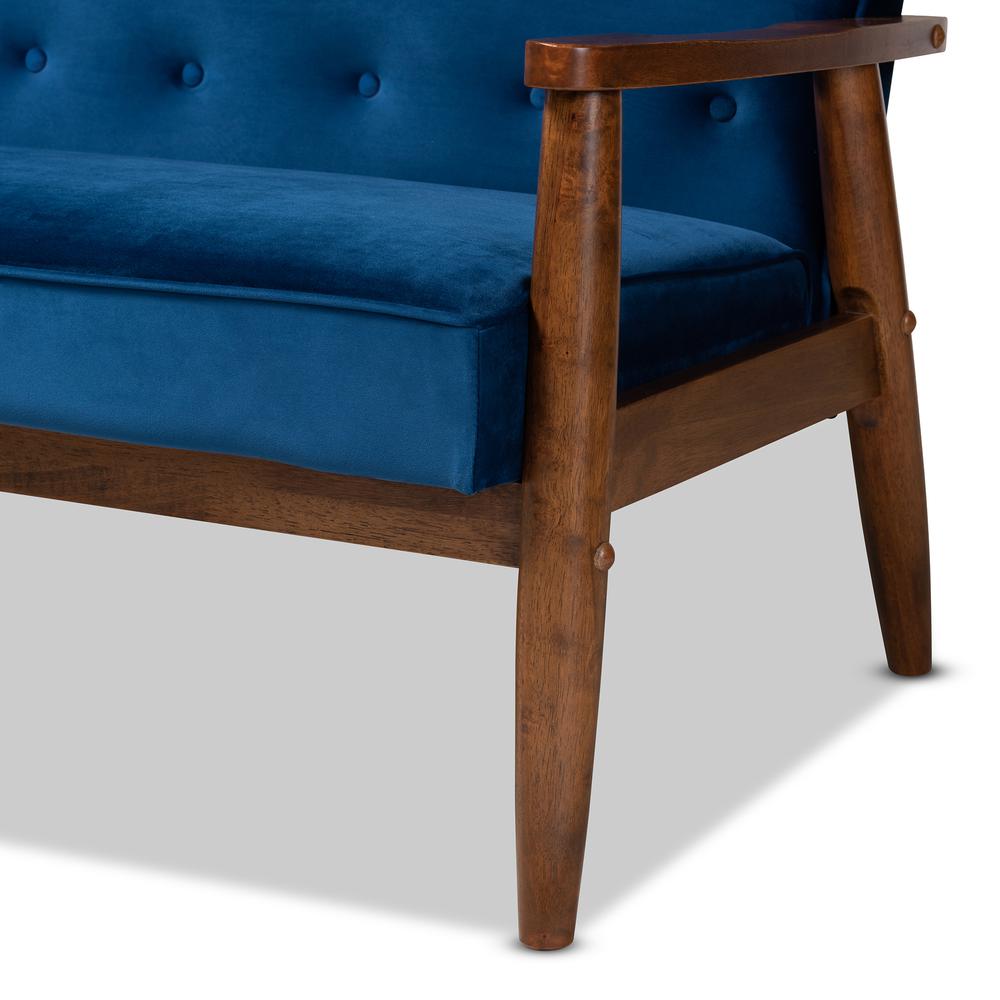 Baxton Studio Sorrento Mid-century Modern Navy Blue Velvet Fabric Upholstered Walnut Finished Wooden 3-seater Sofa. Picture 16