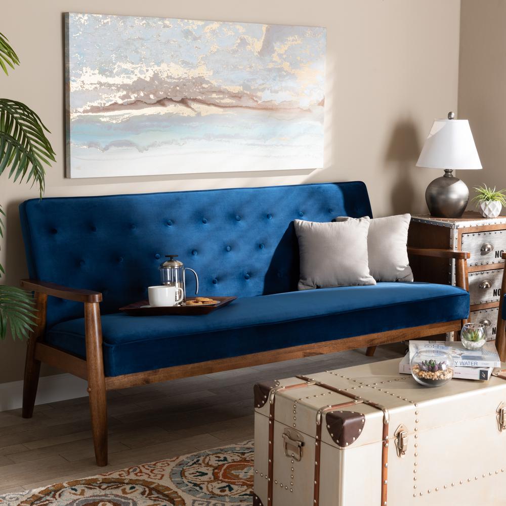 Baxton Studio Sorrento Mid-century Modern Navy Blue Velvet Fabric Upholstered Walnut Finished Wooden 3-seater Sofa. Picture 8