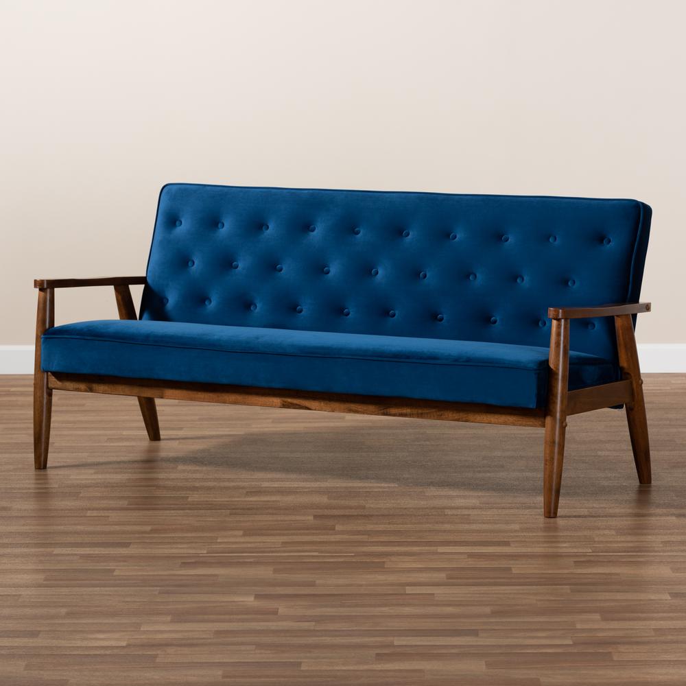 Baxton Studio Sorrento Mid-century Modern Navy Blue Velvet Fabric Upholstered Walnut Finished Wooden 3-seater Sofa. Picture 18