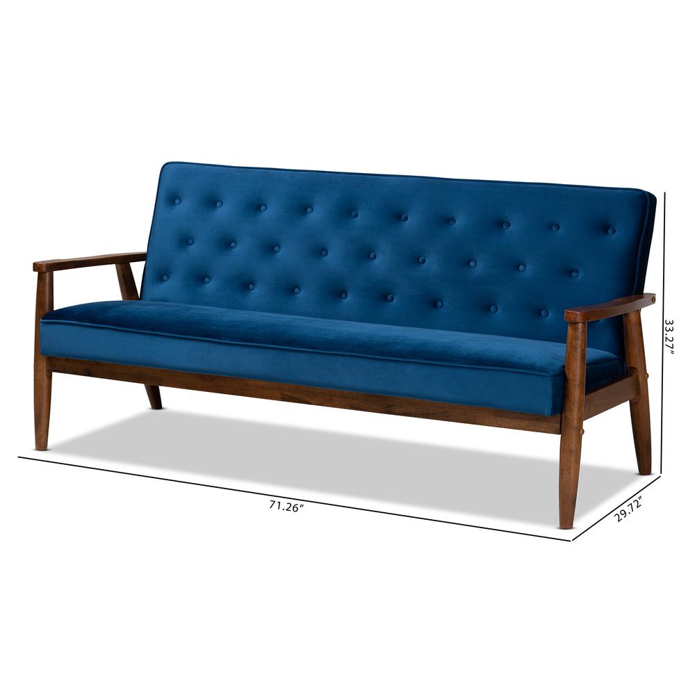 Baxton Studio Sorrento Mid-century Modern Navy Blue Velvet Fabric Upholstered Walnut Finished Wooden 3-seater Sofa. Picture 19